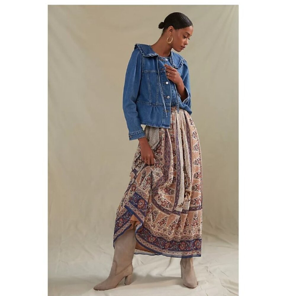 Anthropologie Blue Denim Jacket with Beige Paisley Maxi Skirt